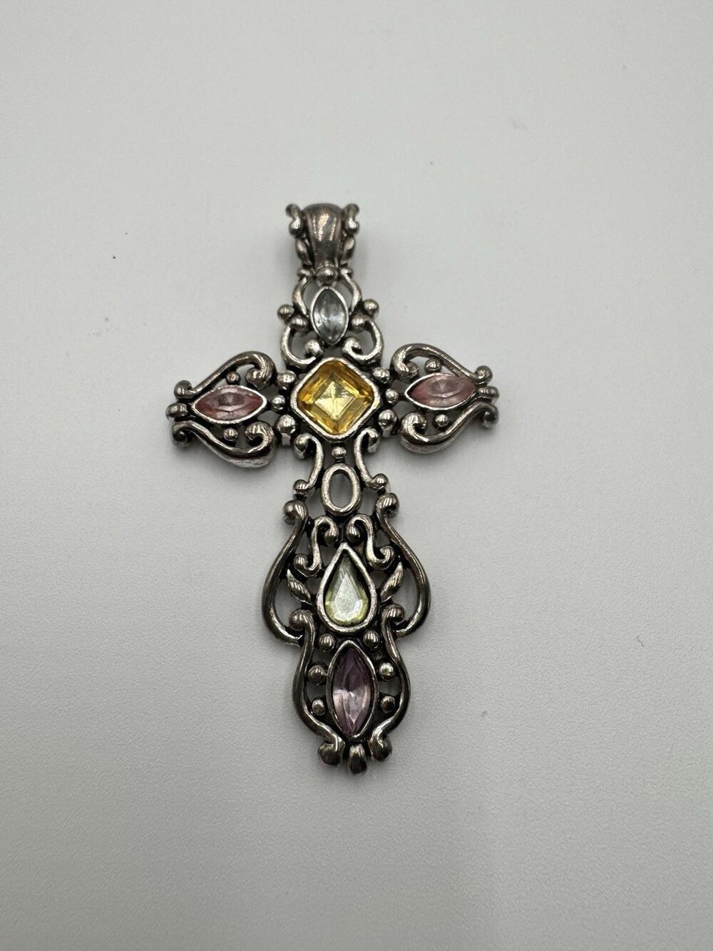Cross Pendant Silver Toned Art Nouveau Pastel Rhinestones